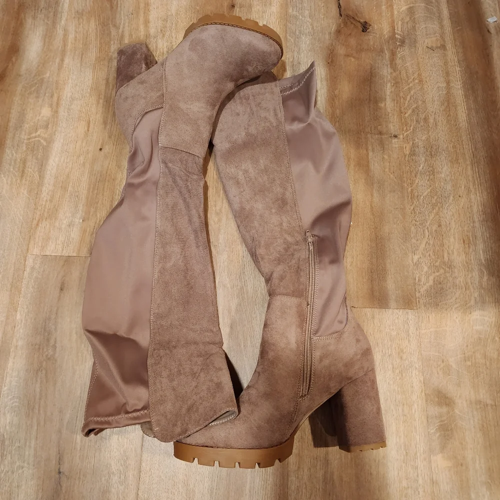 Taupe thigh high women's heel boots - Picture 1 of 5